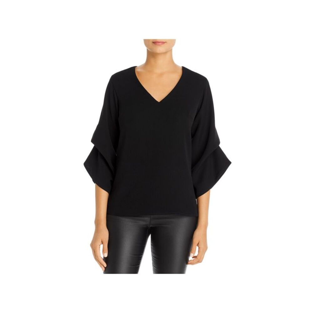 SNIDER Womens Black Button/loop Draped Sleeve V Neck Wear To Work Top XS